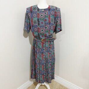 Vintage Leslie Fay Woman Belted Pleated Midi Secretary Dress Blue Geometric 20W